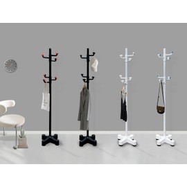 PRINCE HANGER Single-Pole Freestanding Coat Rack – 6 Rotating Hooks, Height Adjustable, Sturdy Metal Frame, 17-Inch Weighted Base – Space-Saving Modern Coat Stand for Home, Office, Entryway (White)