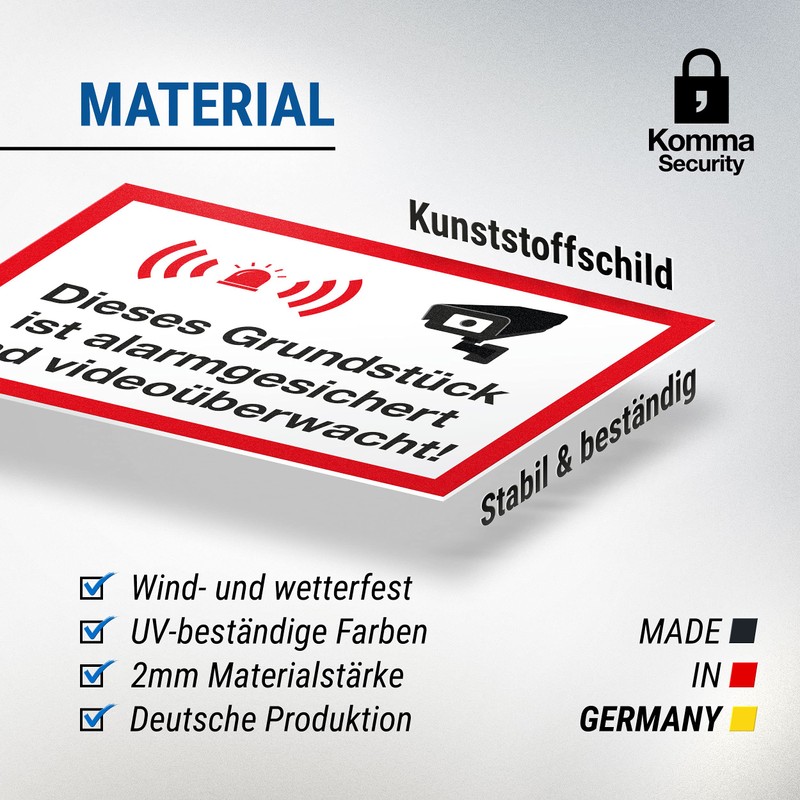 Komma Security Grundstück Alarmgesichert Videoüberwacht Sign - Achtung Vorsicht Videoüberwachung