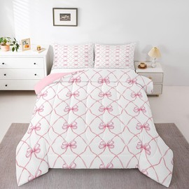 Erosebridal Pink Bowknot Comforter Set Full Bow Knot Bedding for Kids Girls Butterfly Knot Bow Tie Bedding Comforter Sets Aesthetic Coquette Bedroom Decor Geometric Cartoon Duvet Insert