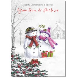 doodlecards Grandson and Partner Christmas Card Two Snowmen Medium Size Christmas Card for Grandson & Partner with Plain Envelope