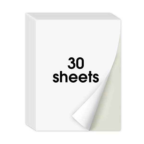MaxGear 8.5" x 11" Full-Page Sticker Paper for Inkjet or Laser Printer, Shipping Address Labels Paper, Matte White Paper Sheets, Strong Adhesive, Dries Quickly, Holds Ink Well, 30 Sheets