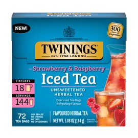 Twinings Strawberry & Raspberry Herbal Iced Tea, 72 Oversized Tea Bags, Makes 18 Pitchers or 144 Servings, Unsweetened, Naturally Caffeine-Free, 72 Count (Pack of 1)