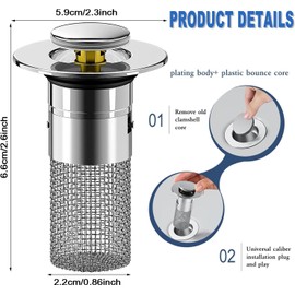 2pcs Bathroom Sink Drain Stopper Hair Catcher Pop Up Sink Drain Filter with Removable Stainless Steel Floor Universal Sink Filter