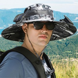 Solar Fan Hat for Men, Wide Brim Solar Fan Outdoor Fishing Hat, Waterproof Outdoor Fishing Hat for Men Women, UPF 50+ Hiking Hats and Sunblock Sleeves Camouflage