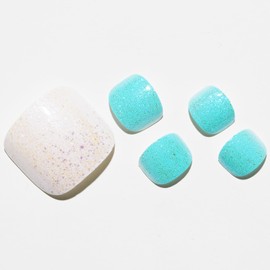 GLAMERMAID Press on Toenails, Spring Summer Glitter Azure Blue and White Gel Glue on Toe Nails, Glossy Round Toe Nails Reusable UV Finish Fake Nails Acrylic False Nails Manicure Kits for Women