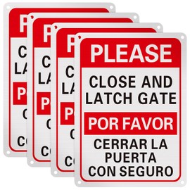 Blulu 4 Pcs Please Close and Latch Gate Sign 10" x 7" Keep Gate Closed Aluminum Reflective Sign Rust Free Aluminum-UV Protected and Weatherproof-Bilingual English Spanish(Red Black White)