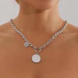 Inilbran Punk Chunky Link Chain Necklace Chunky Toggle Necklace Mother of Pearl Disc Necklace Silver Thick Chain T Bar Necklace Jewelry for Women and Girls