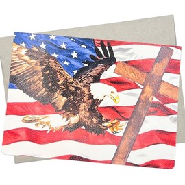 Patriotic American Flag Card, Religious America Card (1 Premium Quality Folded Card, Blank Inside, 5X7 Inches) Christian Cross and Bald Eagle Theme - 402