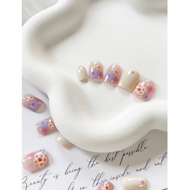 24 Pcs Press on Nails Short Square Fake Nails Spring Full Cover False nails with Flower Designs Cute Glossy Fake Nails with Nail Glue with Charm Artificial Acylic Nails for Girls Kids