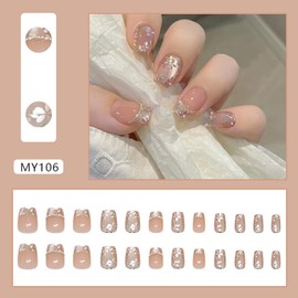 EYZOTSF Press on Nails Short Square Shaped Acrylic Extra Short Length Square False Nails with Designs Artificial Fake Nail with Charms Glue Stick ons Fingernails for Women Girls(MY106)