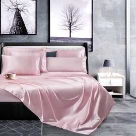 Manyshofu 7Pcs Light Pink Satin Sheets Queen Size Silky Satin Bed Sheets Set, Luxurious & Soft Satin Bedding Set - 1 Satin Fitted Sheet, 1 Satin Flat Sheet, 4 Satin Pillowcases + 1 Body Pillow case