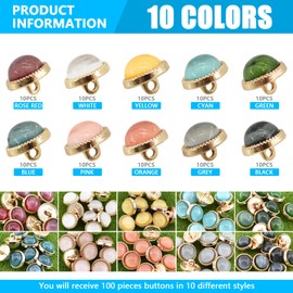 12mm 100Pcs Metal Shank Pearl Buttons, Assorted Stunning Resin Pearl Sewing Button Vintage Colored Clothes Buttons for Clothing, Bags and Craft Projects