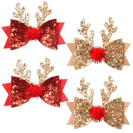 MEEKEST 4PCS Christmas Hair Bows for Girls, Christmas Hair Accessories Reindeer Antlers Ears Hair Clips Glitter Hair Barrettes Cute Bow Ties Hair Pins Christmas Party Cosplay Gift (Gold & Red)