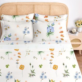 BYSURE King Sheet Set 6 Pieces (Yellow & Blue Watercolor Floral), Cottage Core Botanical Patterned Sheets, Victorian Flower Microfiber Bedding Decor