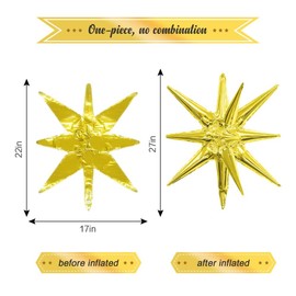 Gold Star Balloons 6 Star Foil Mylar Starburst Balloons Cone Spike Explosion Giant 22 Inch Star Balloons Party Decorations Supplies for Christmas Birthday Party Bachelorette Party Disco Party