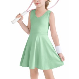 Haloumoning Girls Tennis Golf Dress Kids Sleevelesss V-Neck Athletic Workout Active Dresses 5-14 Years Light Green
