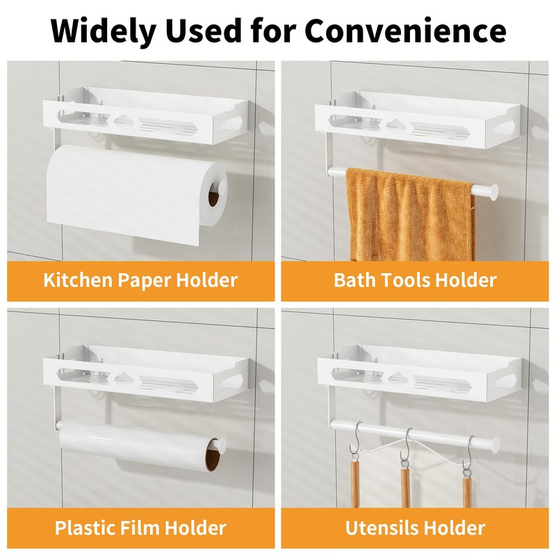 White Paper Towel Holder Wall Mount with Shelf - Adhesive