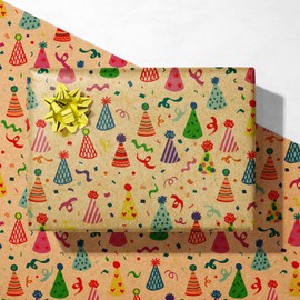 GIOLNIAY Kraft Birthday Wrapping Paper for Kids Men Women Baby Shower - Recycled Gift Wrap with Colorful Party Hat Design Design - 28 x 40 Inches, 4 Folded Sheets, Easy to Store