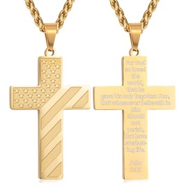 DuoDiner Gold Cross Necklace for Boys Men Pendant Chain Stainless Steel American Flag John 3:16 Bible Verse Religious Jewelry Gift