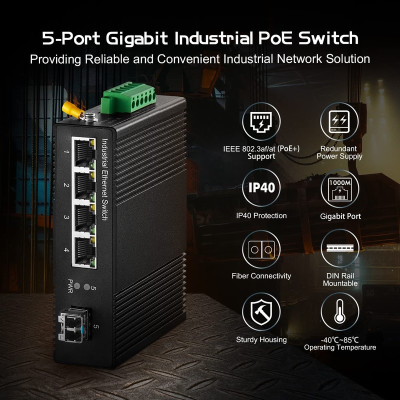 5 Port Gigabit PoE Industrial Switch, IEEE802.3af/at Ethernet, 1 SFP