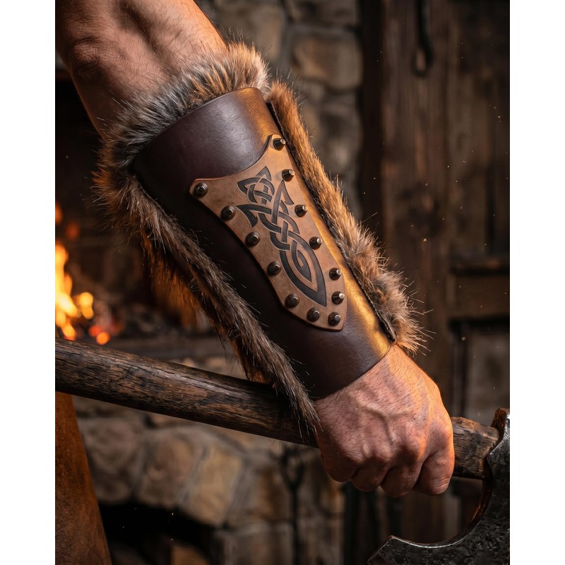 Nordic Viking Barbarian Armor Guards Bracers Medieval Faux Fur Gauntlet