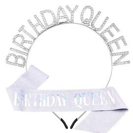 AOPRIE Birthday Queen Crown & Sash for Women Silver Tiara for Girls Princess Crown Rhinestone Happy Birthday Accessories