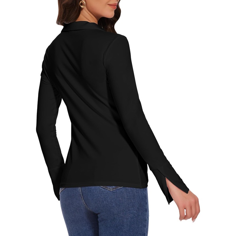 WUDODO Button Down Shirts for Women Ruched Long Sleeve Collared