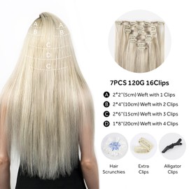 SoBeauty Clip in Hair Extensions Real Human Hair, Remy Hair Extensions Clip In Human Hair Thick and Silky, Ash Blonde Highlighted Platinum Blonde #P17A/60A 18Inch 120G 7PCS
