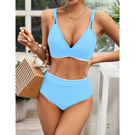 BMJL Women's Bikini Sets V Neck High Waisted Swimsuits Shell Stitched Cheeky Two Piece Bathing Suit(L,Light Blue)