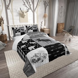 Hunting Deer Comforter Set For Boys,Rustic Camper Duvet Sets Plaid Patchwork Quilt Country Wildlife Bear Bedding Set For Teens Adult Retro Cabin Christmas Farmhouse Decorations,Black Grey(Full)