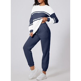 Herseas Winter Fashion 2 Piece Airport Outfit 2024 Plus Size Color Block Pullover Sweatshirt with Jogger Sweatpants Travel Track Suits Navy Blue Large 12 14