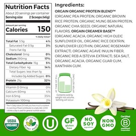 ORGAIN Proteina Vegana y Organica en Polvo - SIN OGM - GLUTEN FREE - LIBRE DE LACTOSA - SIN AZUCAR ANADIDA - LIBRE DE SOYA - Sabor Vainilla - 920grs