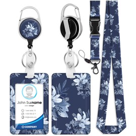 TONJOY ID Badge Holder with Lanyard and Retractable Badge Reel Clip - Retro Floral Flowers Card Name Tag Lanyard Vertical ID Protector Bage Clips for Women Nurse Doctor Teacher Student Dark Blue