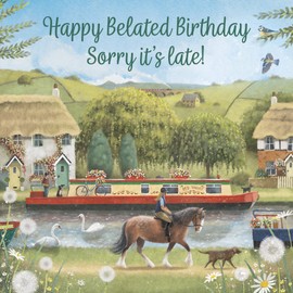 Hunts England - Canal Narrowboat Belated Birthday Card - Horse Riding - Countryside - Milo's Gallery - Open Unisex Belated Birthday Card - Men's Belated Birthday Card - Women's Belated Birthday Card