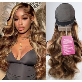SWEETGIRL 26 Inch Highlight Ombre Lace Front Wig Human Hair 13x6 Lace Front Wigs Pre Plucked Body Wave Lace Frontal Wigs Colored Human Hair Wigs for Women 180% Density
