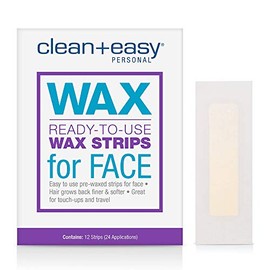 Clean + Easy Tiras de cera facial preenceradas, tiras de cera para depilación listas para usar, para cara, labio superior y cejas, 12 unidades