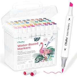 Ohuhu Rotuladores Brush Pen 60 colores, base acuosa, doble punta biselada y pincel, sin sangrado, para principiantes, rotuladores para dibujar.