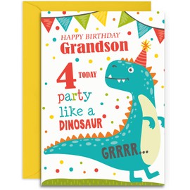 Grandson 4th Dinosaur Birthday Card - Medium Sized Card (A5 Size -148mm x 210mm) with Envelope