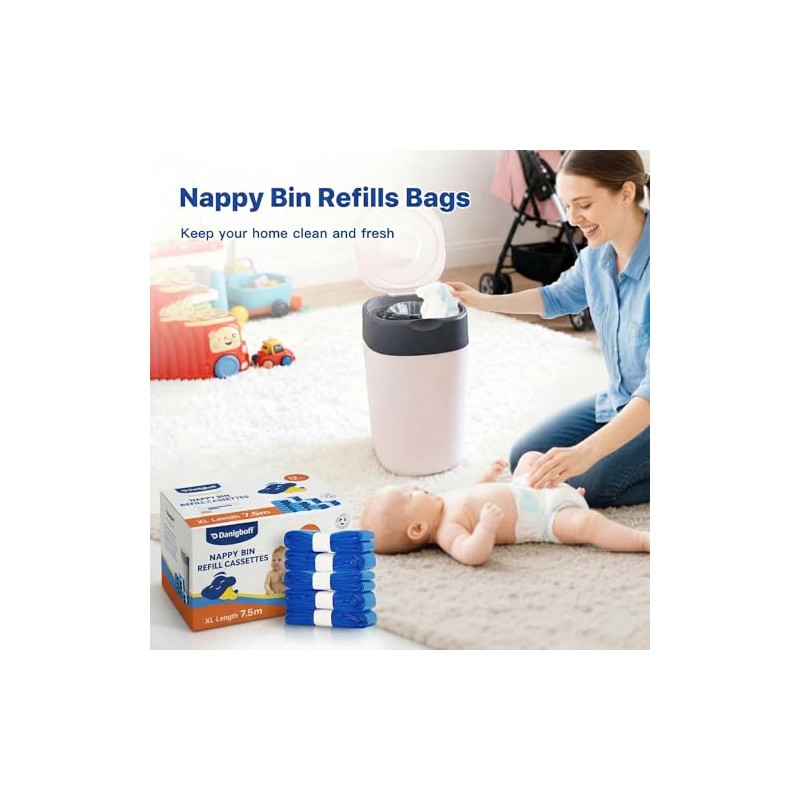 Nappy Bin Refills, 7.5m Extra-Long Diaper Pail Bags Compatible with