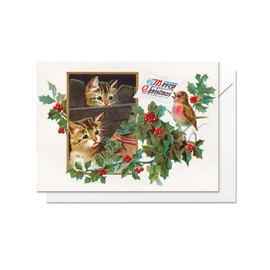Christmas Greeting Card with Envelope Cats Kittens Vintage Retro Victorian Cute (Kittens and Christmas Robin) - code K21