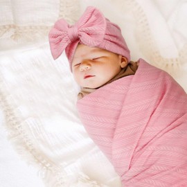 DRESHOW Newborn Reception Blanket Toddler Warm for Girls with Matching Bow Hat and Bow Headband, 1 set: hat + hairband + blanket (deep pink)
