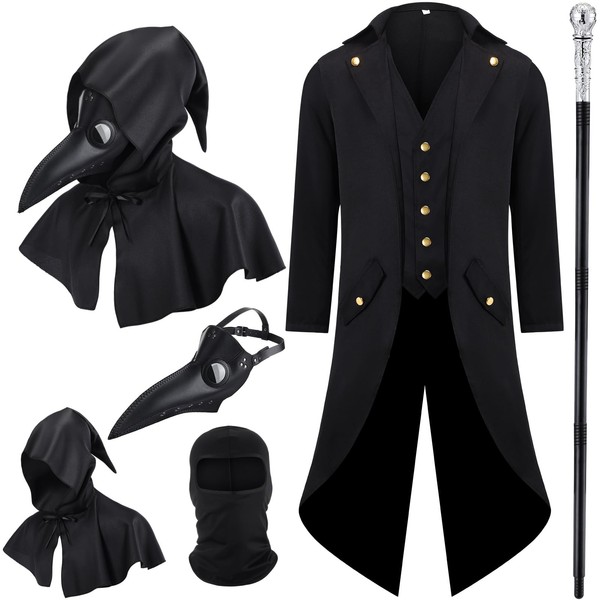 Mepase 5 Pcs Halloween Plague Doctor Costume Men Steampunk Tailcoat