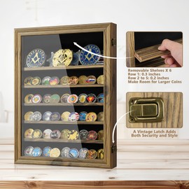 7 Rows Military Challenge Coin Holder Display Cabinet with HD Tempered Glass – Holds 100 Coins, Wooden Medal Shadow Box Display Case with Removable Shelves, Wall Mount or Tabletop Display, Rustic Wood