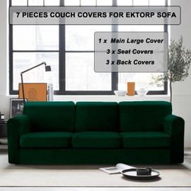 UNBBRRL 7 Pieces Couch Covers for Sofa, Replacement Ektorp Sofa Cover 3 Seat with 1 Main Cover/3 Seat Cushion Covers/3 Backrest Covers, Stretch Velvet Settee Cover 3 Seater (Dark Green,3 Seater)