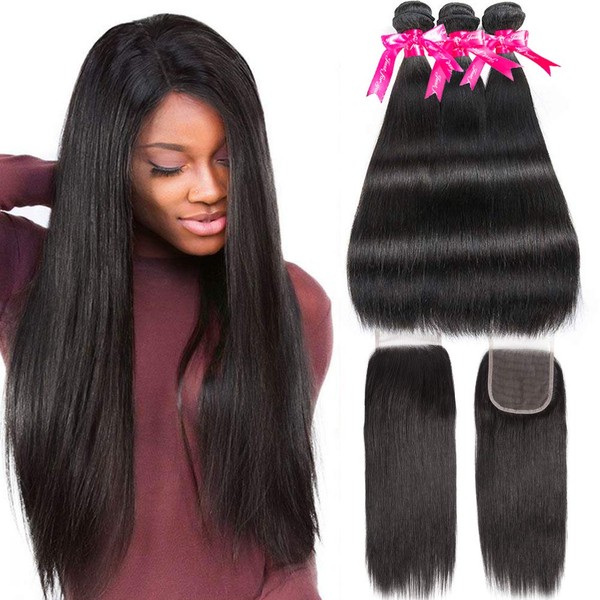 Wingirl Straight Remy Human Hair Bundles with Closure （14 16 18+12inch）Soft 8A Brazilian Hair 3 Bundles With Closure Natural Black Color