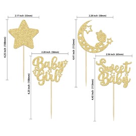 Gyufise Pack of 24 Gold Glitter Baby Girl Cupcake Toppers Glitter Star Moon Sweet Baby Shower Cupcake Picks Decorations Baby Shower Girls Birthday Party Decorations Supplies