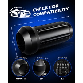 Orion Motor Tech M14x1.5 Lug Nuts Black with Spline Tuner, XL 2 inches Length with Cone Seat, Compatible with Ford F250 F350 Super Duty (08-25), Chevy Silverado 1500 2500HD and GMC Sierra, Set of 32