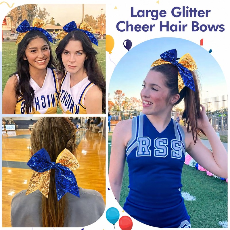 Glitter Cheer Bows for Cheerleader Gold and Blue Large Ponytail