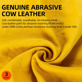 Vgo 3Pairs Unlined Safety Cow Grain Leather Work Gloves Men,Rigger Gloves,Builder Gloves,Palm Patched(M,Gold,CA9590)