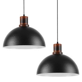 Mgcanyu 2 Pack Solid Wood Pendant Lights,16" Hammered Metal Black Finish Hanging Lighting Modern Lamp Industrial Dome Ceiling Light Fixtures for Kitchen Island Farmhouse Dining Room